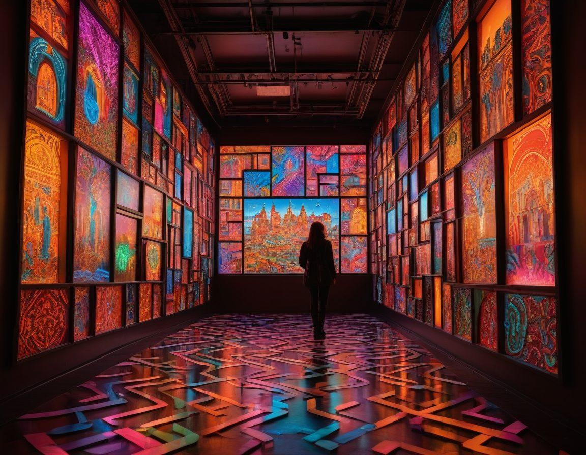 A surreal landscape depicting an abstract maze made of vibrant neon signs and silhouettes of diverse people engaging in various forms of adult entertainment, blending reality with fantasy. The scene features a contrasting backdrop of voyeuristic elements, like eye-shaped windows watching the maze. Soft shadows and bright lights create a mysterious yet inviting atmosphere, with adult themes subtly illustrated. super-realistic. vibrant colors. fantasy art.