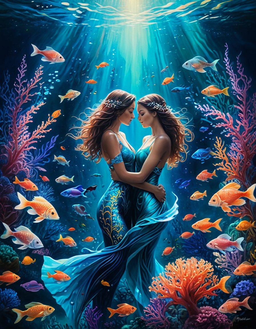 A captivating scene that merges intricate erotic animation with vivid hentai artwork, showcasing sensual characters intertwined in a dreamy underwater world. The colors should be rich and alluring, filled with a blend of soft pastels and deep oceanic hues. Elements like shimmering fish and coral should surround the characters, enhancing the immersive atmosphere. Soft light filters through the water, creating a magical glow around the figures. vibrant colors. painting.